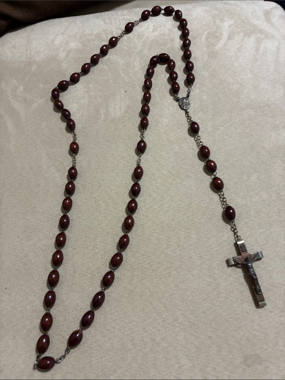 Men's Brown Wood Bead Rosary Necklace with Crucifix